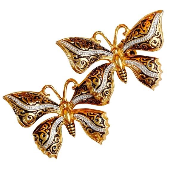 Mid Century Gold Tone Double Butterfly Brooch with Enamel Scrollwork Detail - Picture 1 of 8